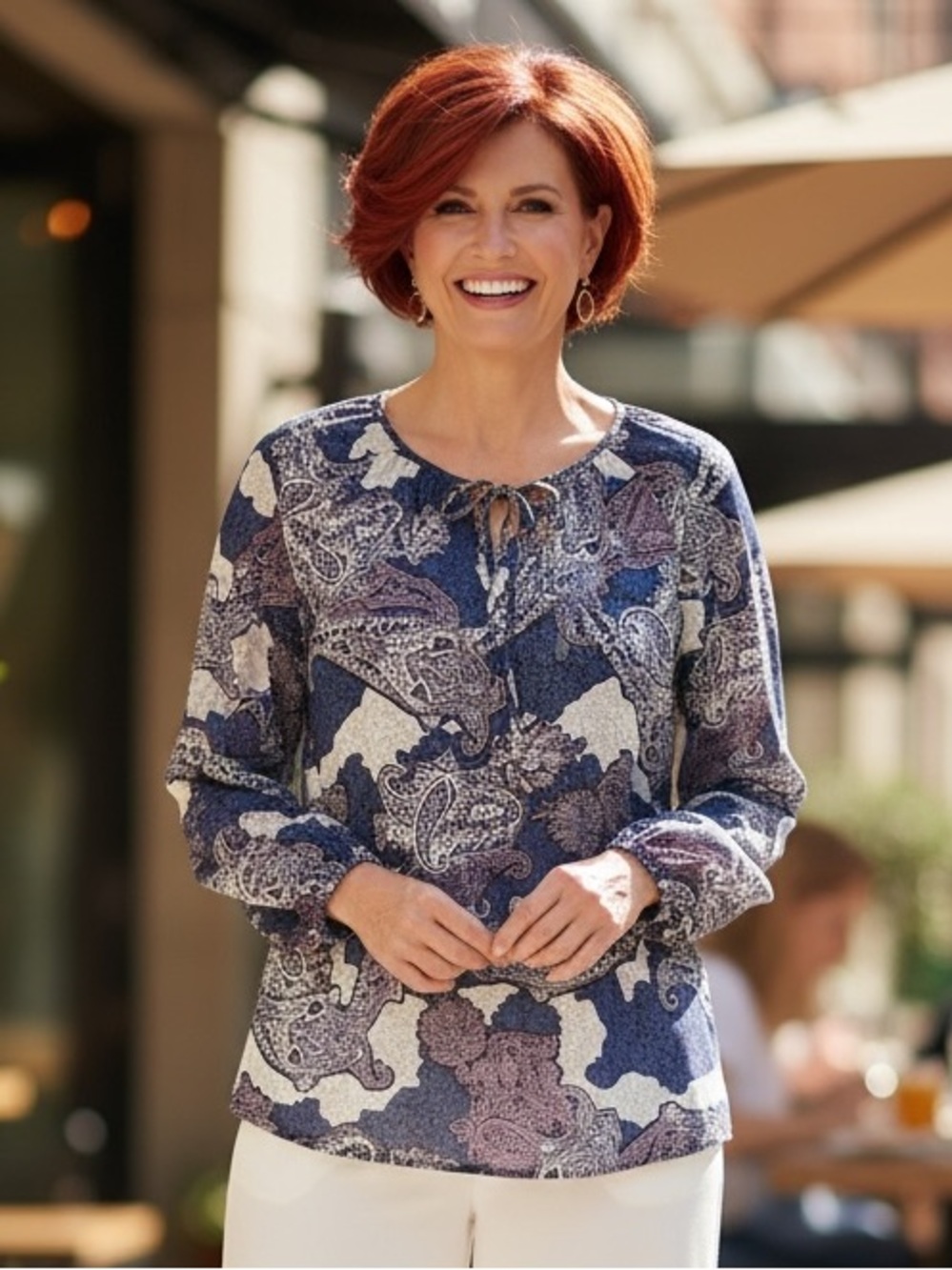 Charming Charlie Blue Paisley Tie-Neck Sheer Blouse Size L